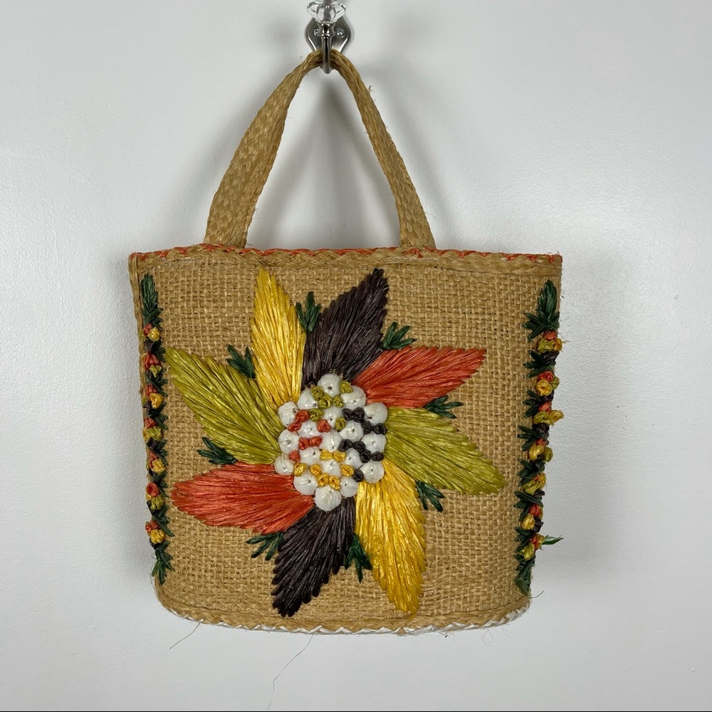 Vintage 70’s Boho Woven Straw Embroidered Floral Lined Tote Beach Summer Vibes